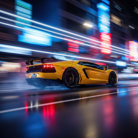 Experience the exhilarating rush of a high-performance yellow supercar as it streaks through a vibrant city at night, leaving a trail of blurred neon lights.の素材