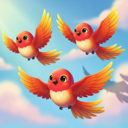 Three charming little red birds with vibrant orange and yellow wings are depicted in flight against a soft, cloud-filled sky. Their expressions are cheerful and inviting, making them perfect for a variety of joyful themes.の素材