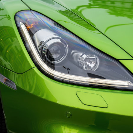An extreme close-up captures the intricate details of a vibrant green car's headlight assembly and the sculpted contours of its hood, showcasing automotive design and engineering.の素材