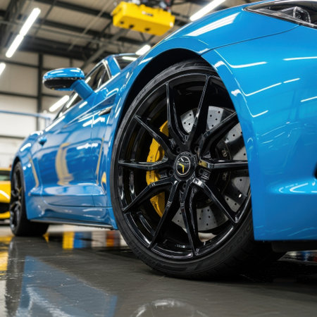A close-up low-angle shot of a vibrant blue sports car showcasing its custom glossy black wheels and eye-catching yellow brake calipers, highlighting performance and style.の素材
