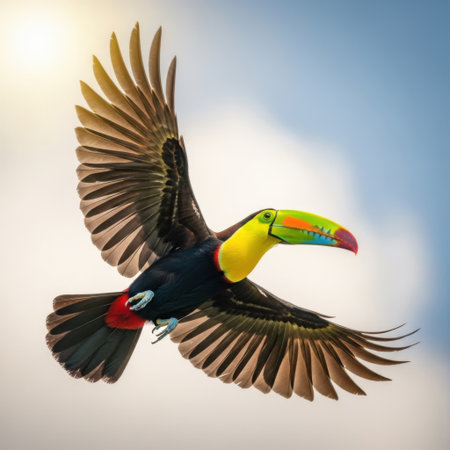 A stunning toucan soars through the sky, its magnificent, multi-colored beak and broad wings prominently displayed, capturing the essence of tropical wildlife in motion.の素材