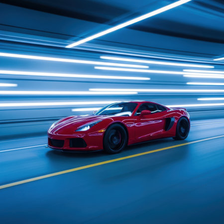 A vibrant red sports car is captured in motion, blurred streaks of blue light illuminating the tunnel around it. The image conveys speed and futuristic ambiance.の素材