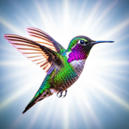 A brilliantly colored hummingbird suspended in air, its iridescent plumage catching the light. A divine sunburst emanates behind the tiny creature, creating a magical, ethereal atmosphere.の素材