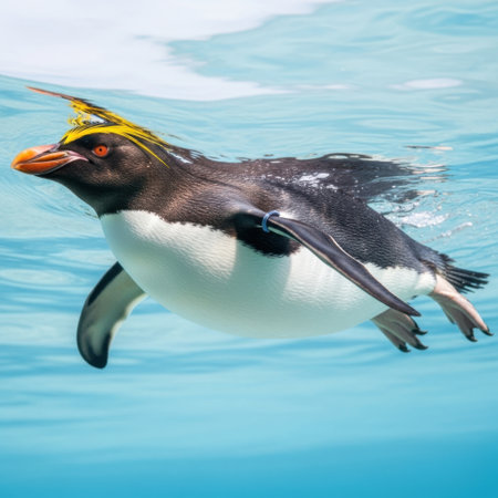 A striking crested penguin glides through the water with elegance. Its distinctive yellow crest and focused expression highlight its underwater journey in its natural habitat.の素材