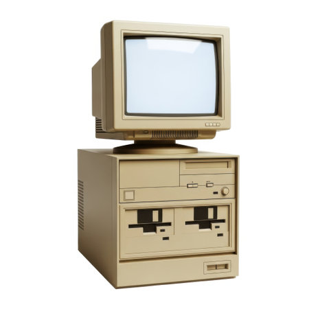 A retro beige computer system featuring a monitor and a tower with floppy drives, isolated on a white background.の素材