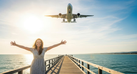 A woman with arms outstretched on a wooden pier, a jetliner descends in the bright sky above the water.の素材