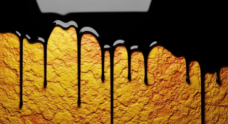 Viscous golden liquid cascades down a rough, textured surface, forming a striking abstract visual with a rich, warm color palette.の素材
