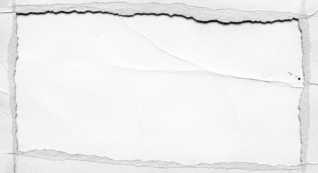 A close-up view of a white paper surface exhibiting a distressed texture with jagged, torn borders and faint linear patterns.の素材