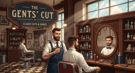 A sophisticated vintage barbershop setting featuring a barber with a beard and tie, holding scissors and comb, ready to style hair.の素材
