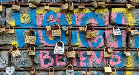 A vibrant wall covered in numerous padlocks, some inscribed with colorful lettering, creating a unique and heartfelt display of affection and aspiration.の素材