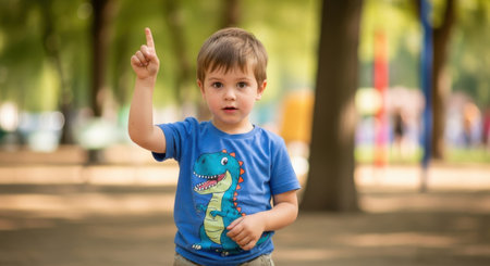 A curious young boy in a blue shirt with a dinosaur design raises his finger, looking directly at the camera amidst a park's natural beauty.の素材