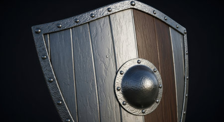 A close-up view of a weathered medieval shield, showcasing its construction and materials. The dark background emphasizes the artifact.の素材