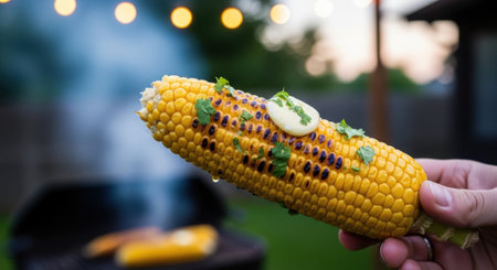 A hand holds a perfectly grilled ear of corn, glistening with butter and sprinkled with fresh green herbs, with a grill in the background.の素材