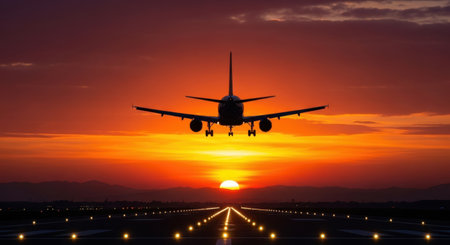 A large jet airplane silhouetted against a vibrant orange and red sky during twilight, approaching a runway with illuminated markers.の素材
