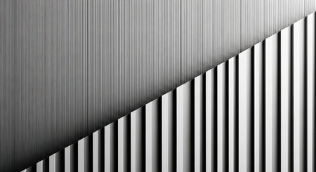 Monochromatic abstract composition featuring repeating vertical lines divided by a sharp diagonal. Focus on texture and form.の素材