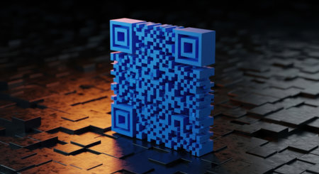 A vibrant blue QR code is prominently displayed, casting a glow on a dark, textured ground with warm light accents.の素材
