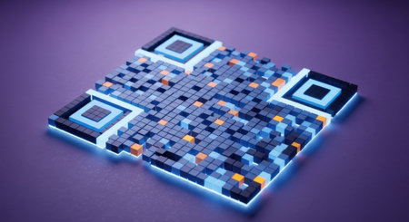 A close up view of a futuristic quick response code with vibrant blue and orange illuminated elements and a soft purple background.の素材