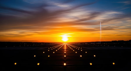 A breathtaking sunset paints the sky with fiery colors, casting a warm glow on an illuminated runway.の素材