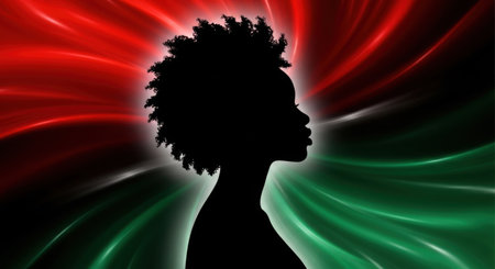 A striking silhouette of a person with an afro is set against a dynamic backdrop of swirling red and green colors.の素材