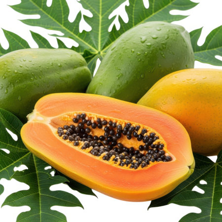 A close-up view of several papayas, some ripe and some unripe, surrounded by large, vibrant green leaves.の素材