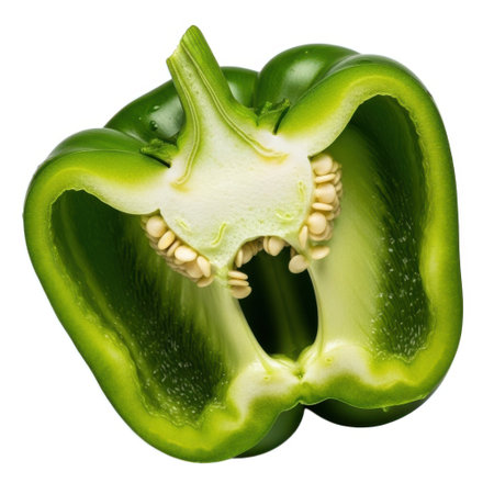 A fresh, bright green bell pepper is sliced in half, showcasing its internal seeds and crisp texture.の素材