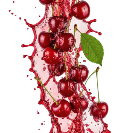 Juicy cherries cascade through a dynamic splash of crimson liquid, creating an artistic and refreshing visual.の素材