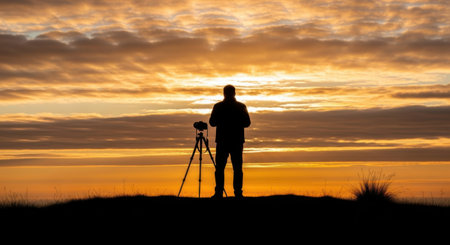 A lone photographer stands in silhouette with a tripod, facing a breathtaking sunset. The sky is painted with warm hues of orange and yellow, creating a magical golden hour scene.の素材