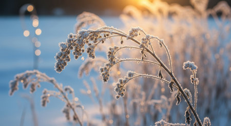 Close-up macro shot of delicate frost crystals clinging to dry plant stalks. Soft golden sunlight filters through, creating a serene and tranquil winter scene with muted pastel colors.の素材