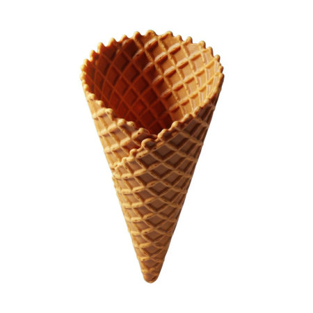 This image features a solitary empty waffle cone with a distinctive grid pattern, presented cleanly on a white background.の素材
