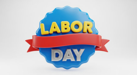 A festive emblem celebrating Labor Day, featuring the words 'LABOR' and 'DAY' on a blue background with a red ribbon, isolated on a white background.の素材
