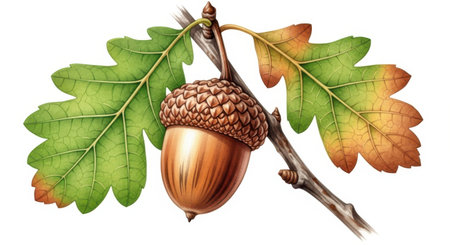 A detailed illustration of a single oak acorn hanging from a branch with green and yellow leaves, presented isolated on a white background.の素材