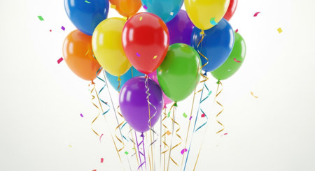 A vibrant collection of helium balloons in various bright colors, accompanied by a shower of confetti, all presented on a clean white background.の素材