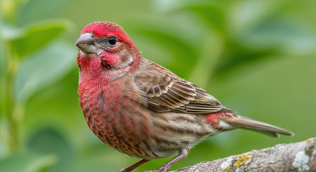 A vibrant male house finch with a crimson head and breast is shown perched on a textured branch against a clean white background.の素材