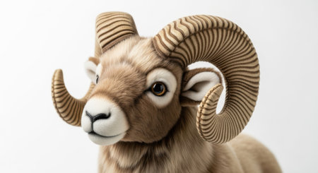 A detailed view of a bighorn sheep's head, showcasing its impressive curled horns, presented isolated on a plain white background.の素材