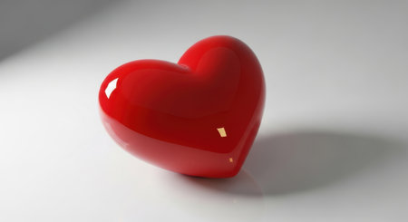 A single, shiny red heart-shaped object is presented isolated on a clean white background.の素材