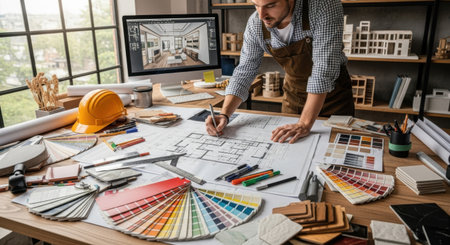 A designer meticulously plans a new construction project, surrounded by essential tools and material samples.の素材