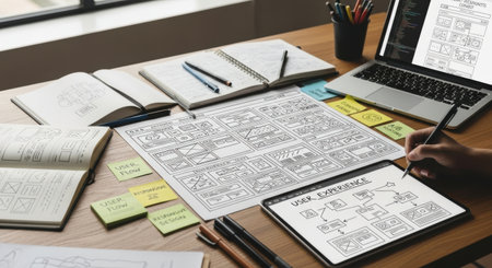 A workspace filled with handwritten diagrams, sticky notes, books, a tablet, and a laptop, suggesting focused study or creative planning.の素材