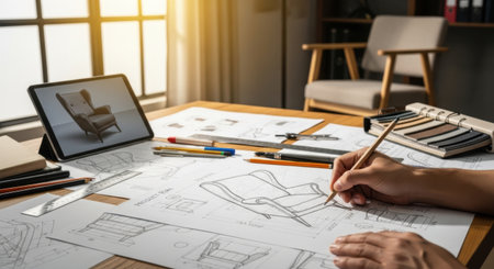 A close-up view of a creative process, focusing on the detailed drawing of a furniture piece.の素材