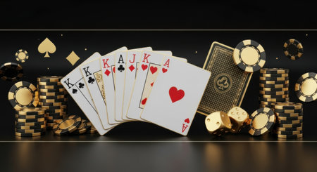 A winning hand of poker cards, including a royal flush, surrounded by stacks of gambling chips and scattered gold elements.の素材