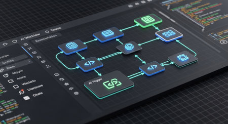 A glowing digital flowchart displays interconnected nodes and pathways, representing a sophisticated system architecture.の素材