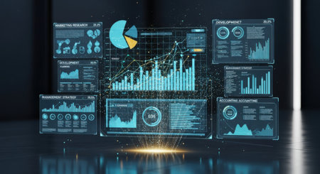 A sophisticated arrangement of glowing blue screens presents intricate charts, graphs, and numerical data for analysis.の素材