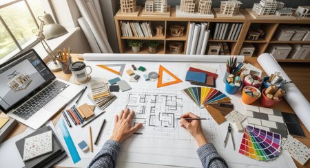 A designer's workspace filled with architectural plans, color palettes, and drafting tools.の素材