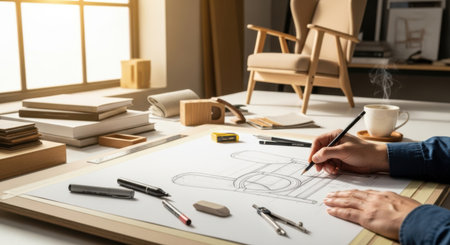 A craftsman meticulously draws detailed plans for wooden furniture on a large sheet of paper.の素材