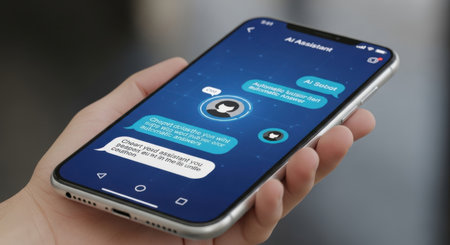 A hand grips a sleek mobile device showcasing a lively conversation within a digital chat application.の素材