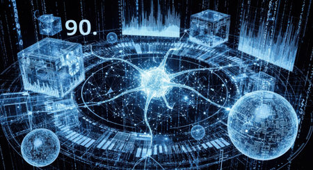 A glowing blue digital network with interconnected nodes and data streams, suggesting complex information processing.の素材