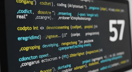 A close-up view of a digital screen showing lines of programming text and the number 57.の素材