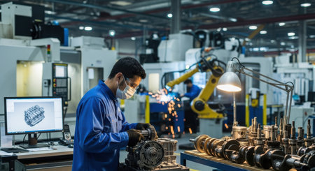 A focused worker examines intricate machinery and engine parts within a high-tech production environment.の素材