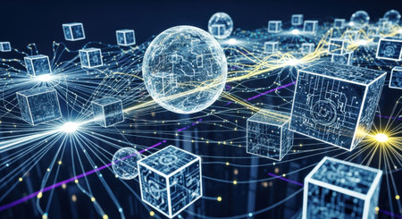 A vibrant, abstract visualization of interconnected digital nodes and glowing geometric forms representing data flow and network connections.の素材