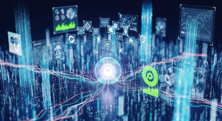 A vibrant, abstract representation of a technologically advanced urban environment with glowing lines and futuristic interfaces.の素材