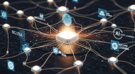 A complex web of glowing connections and illuminated nodes represents a digital network or artificial intelligence.の素材